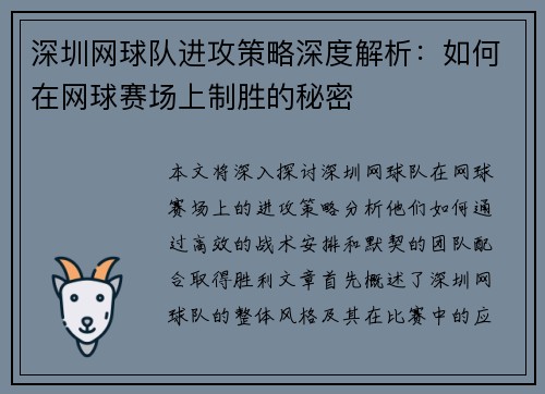 深圳网球队进攻策略深度解析:如何在网球赛场上制胜的秘密