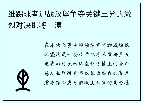 维踢球者迎战汉堡争夺关键三分的激烈对决即将上演