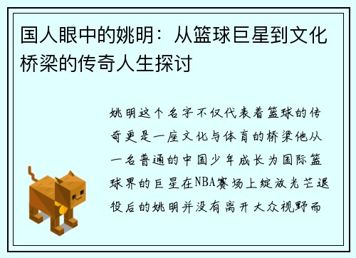 国人眼中的姚明：从篮球巨星到文化桥梁的传奇人生探讨