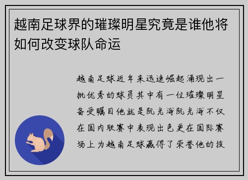 越南足球界的璀璨明星究竟是谁他将如何改变球队命运
